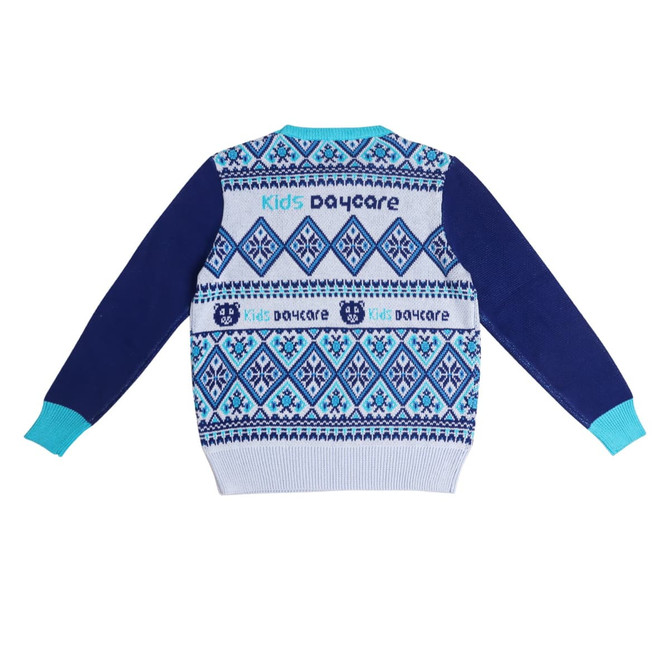 A blue and white unisex winter acrylic cotton jacquard sweater featuring a patterned design and a logo.