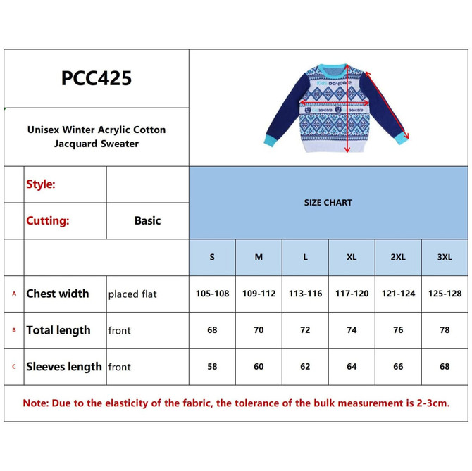 A unisex winter acrylic cotton jacquard sweater featuring a blue and patterned design, with a logo on it.