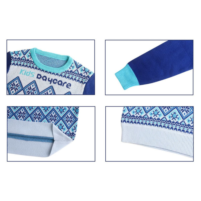 A unisex winter acrylic cotton jacquard sweater featuring blue and turquoise patterns, with a ribbed collar and cuffs.