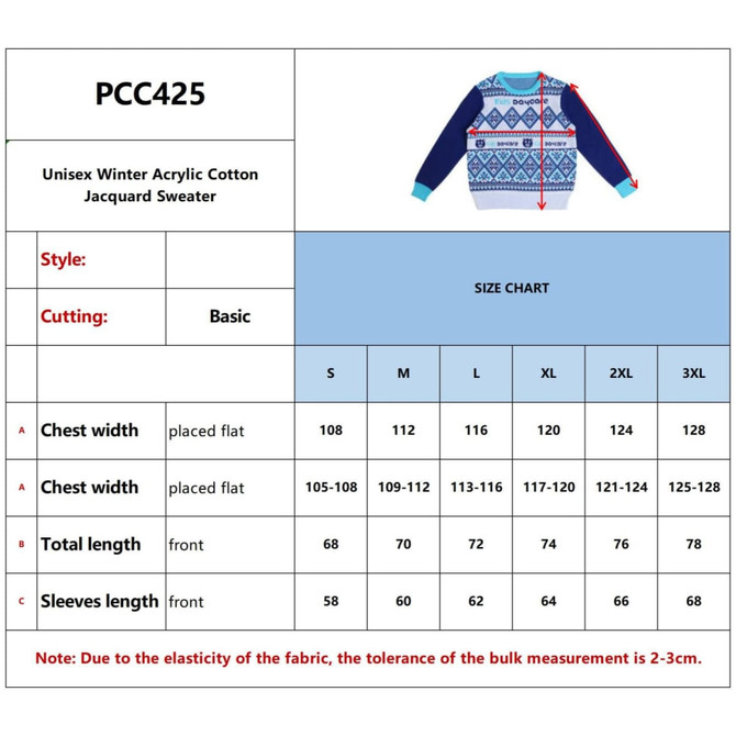 A unisex winter acrylic cotton jacquard sweater featuring a patterned design in blue tones, with a logo.