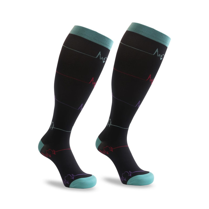 Black plus size compression socks with turquoise accents and a heartbeat design, featuring a logo on the side.