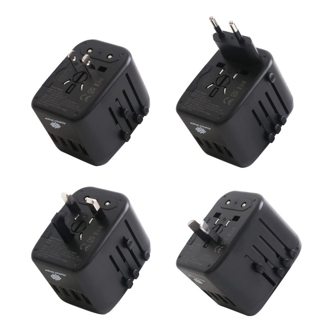 A universal travel adapter in black with multiple plug configurations and USB-C ports. It features a logo on the side.