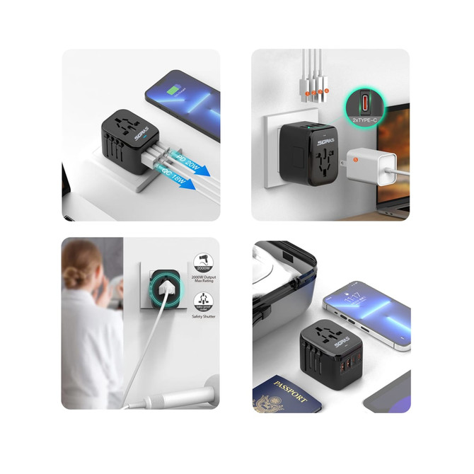 A universal travel adapter in black with USB-C ports displayed in various settings, including a wall socket and next to a phone.