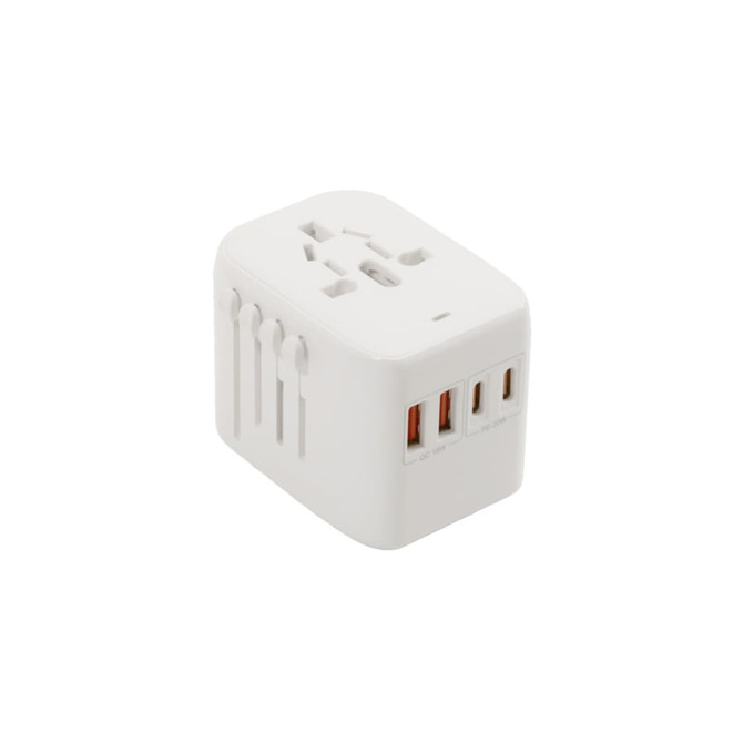 A white universal travel adapter with multiple plug types and two USB-C ports. It has a sleek, compact design.