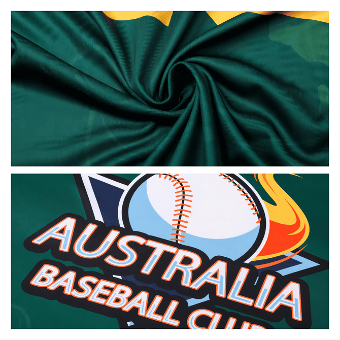 A green polyester baseball jersey with a logo featuring a baseball and event branding.