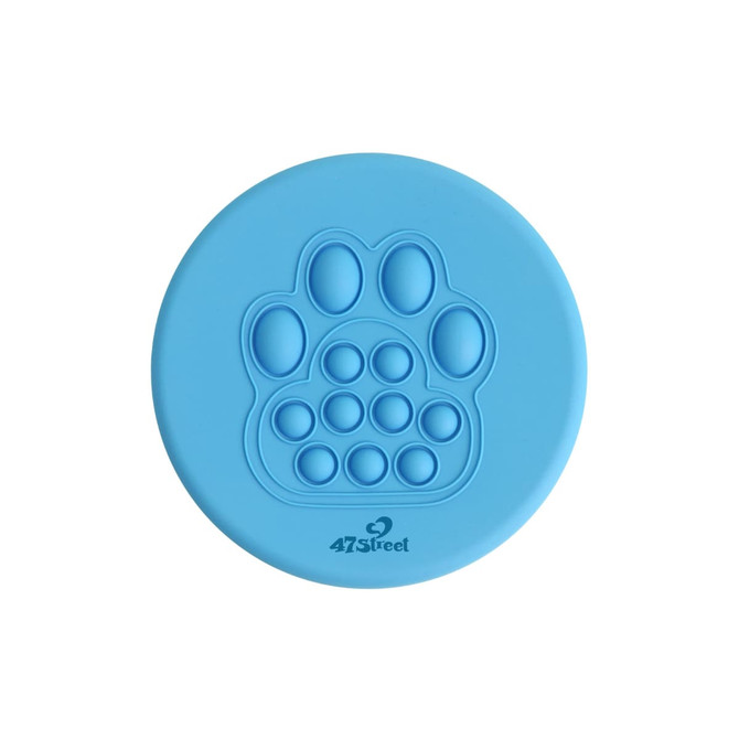 A blue fidget frisbee featuring a paw print design with raised bubbles, and a logo on the bottom.