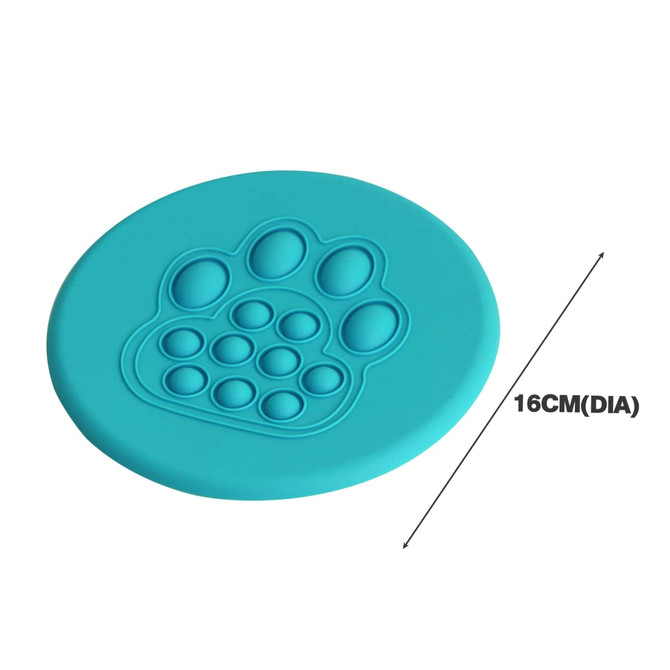 A teal silicone frisbee with a textured paw print design, 16 cm in diameter, featuring a branding logo.