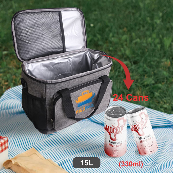 A grey cooler bag with a silver interior, capable of holding 24 cans, has a logo on the front.