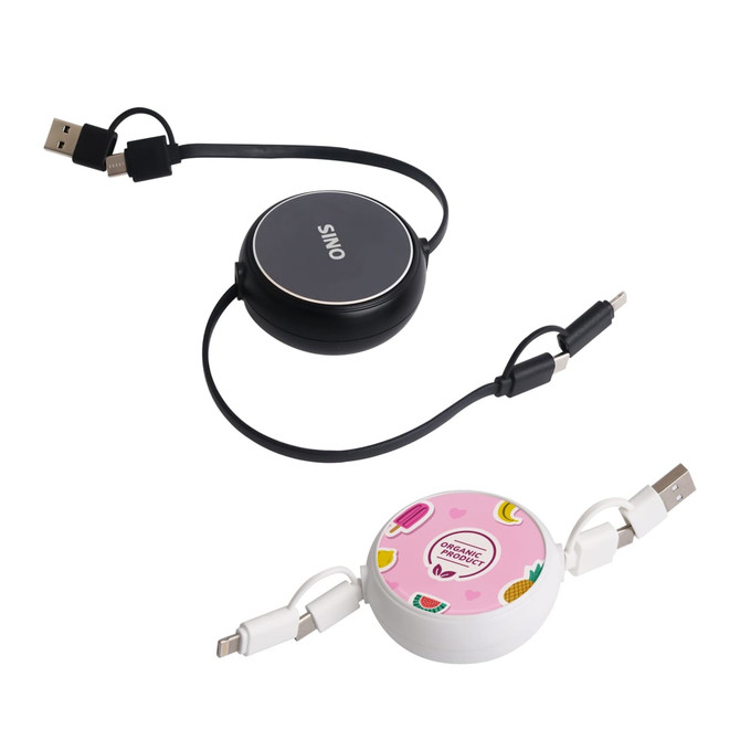 A retractable portable charging cable in black and white, featuring a logo, with USB connectors and a decorative design.