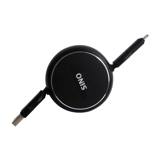 A retractable portable charging cable in black with two detachable connectors, featuring a logo on the casing.