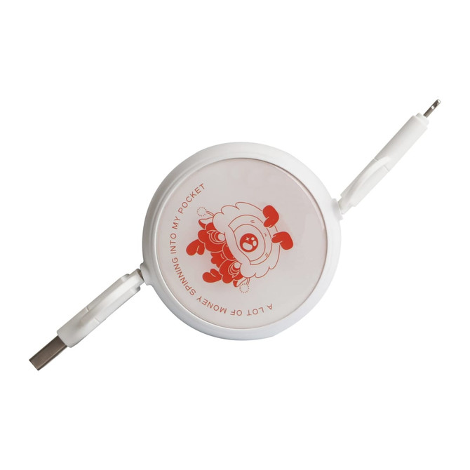 A retractable portable charging cable in white with red illustrations and connectors on both ends.