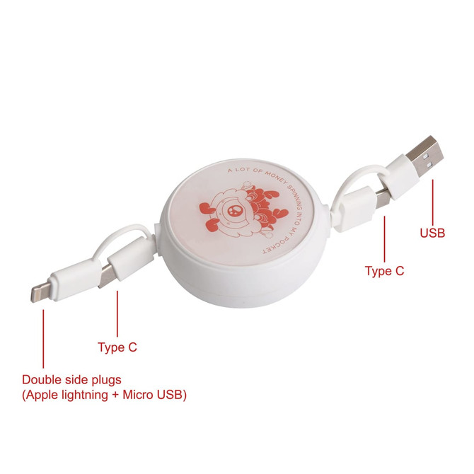 A retractable portable charging cable in white, featuring USB, Type C, Apple Lightning, and Micro USB connectors.