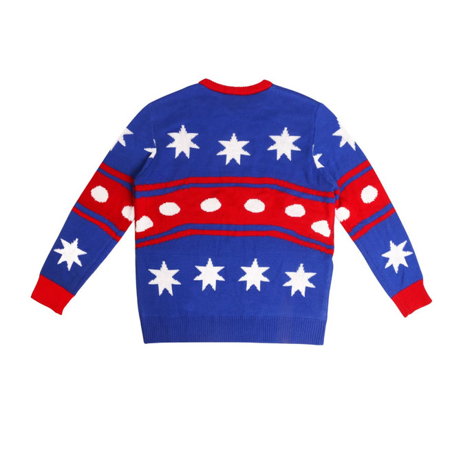 A unisex winter acrylic jacquard sweater in blue, featuring red and white star and dot patterns.