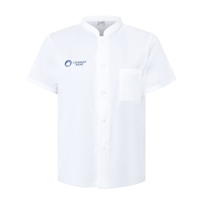 A white short-sleeved chef jacket with a single-breasted design and a pocket. It features a logo on the chest.