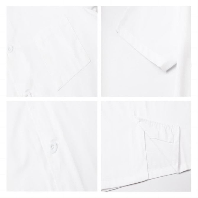 A white chef jacket with short sleeves, featuring buttons and pockets, and a logo.