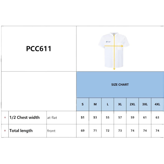 A size chart for a white chef jacket, including measurements for various sizes from S to 4XL.