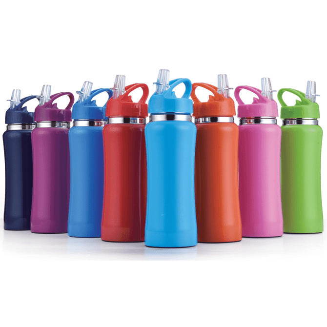 A drink bottle collection featuring various colours including blue, purple, pink, orange, and green, all with a straw lid.