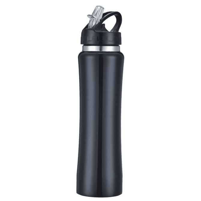 A drink bottle in sleek black with a spout and a carrying loop, featuring a logo on the cap.