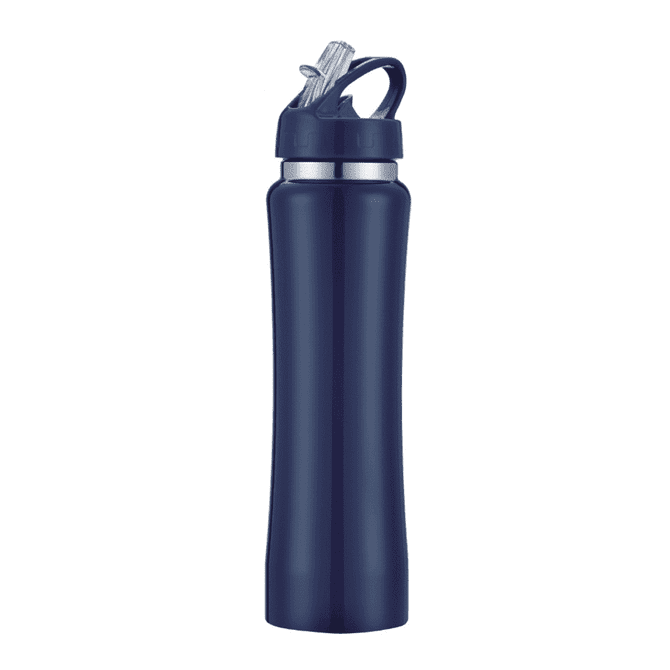 A drink bottle in navy blue, featuring a double wall and a vacuum design with a straw and a logo.
