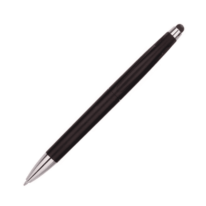 A black stylus pen with a metallic silver tip and a soft touch point for screens, featuring a logo.