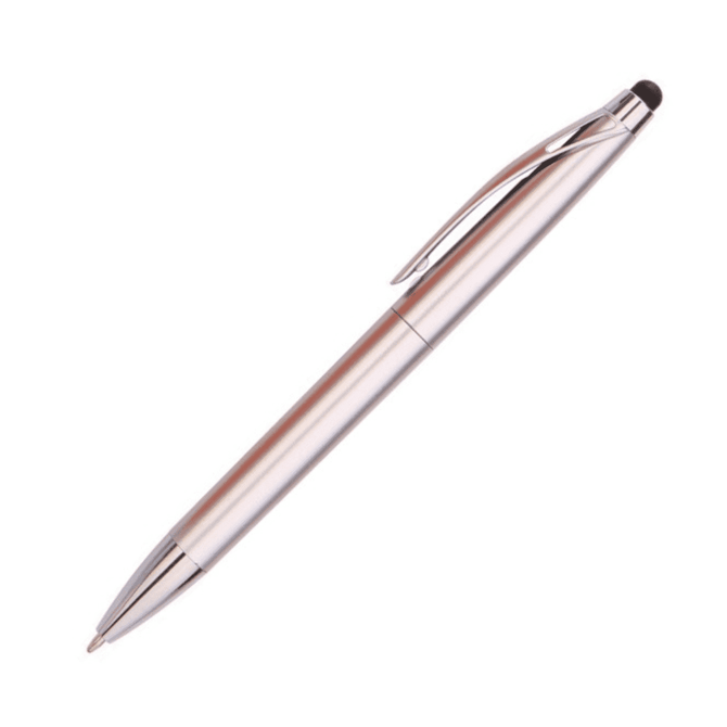A silver stylus pen with a sleek design and a clip for easy attachment. It features a soft tip for touchscreens.