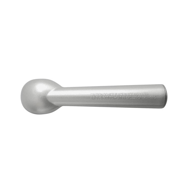 A silver ice cream scoop with a rounded head and a long handle. It features a logo on the handle.