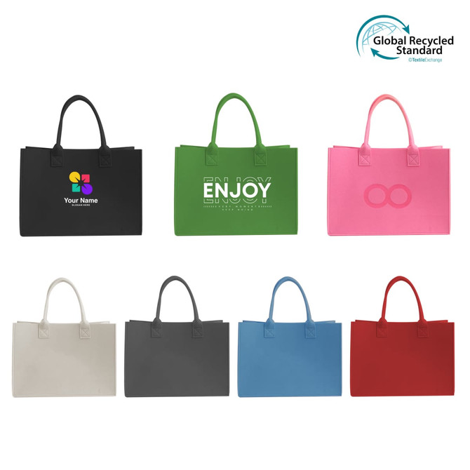 A range of customizable felt tote bags in black, green, pink, grey, blue, white, and red, showcasing a logo on some.