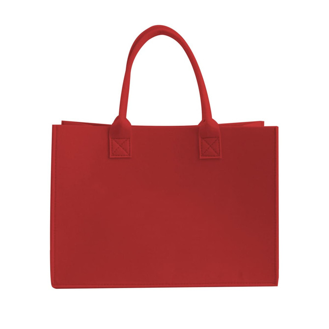 A red felt tote bag with two sturdy handles and a plain design, featuring a logo on one side.
