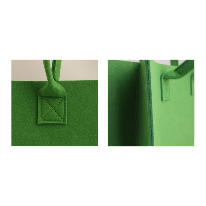A green felt tote bag with stitched handles and a solid construction, featuring a small logo on one side.