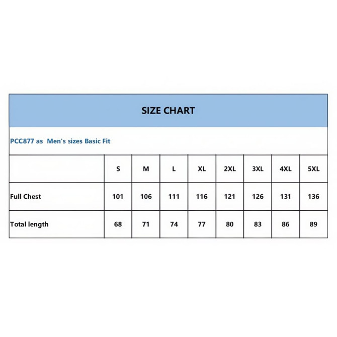 A size chart detailing measurements for men's sizes in a basic fit, including chest and total length dimensions.