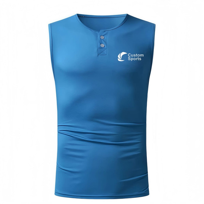 A blue 100% polyester micro mesh sublimated small V-neck buttoned singlet with a logo.