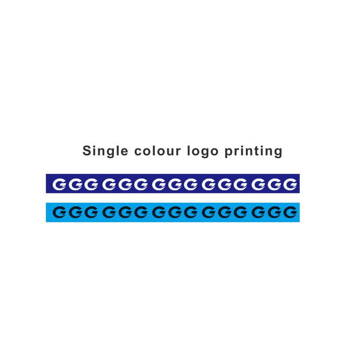 Two strips of packaging tape in navy blue and light blue, featuring a repeating logo pattern.