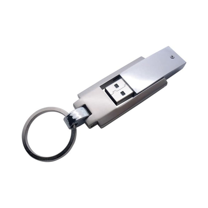 A silver flash drive with a keyring attachment, featuring a sleek design and a shiny finish.
