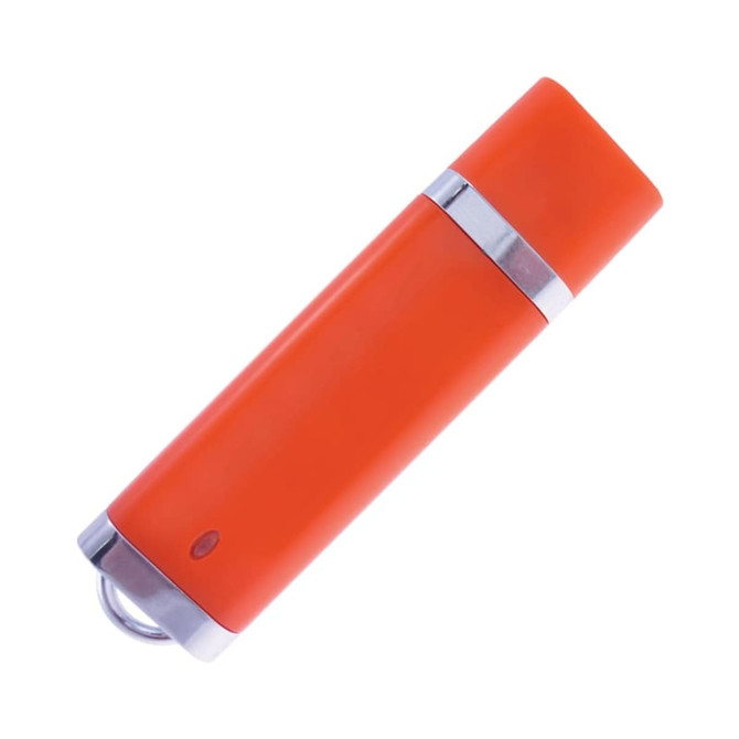 An orange flash drive with a silver accent, featuring a keyring attachment and a sleek design.