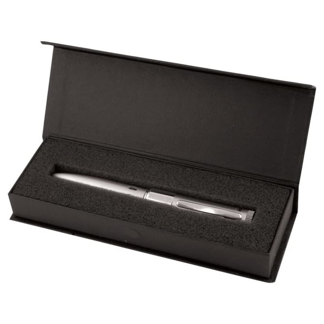A sleek silver USB pen in a black presentation box with a foam insert. The pen has a logo on its surface.