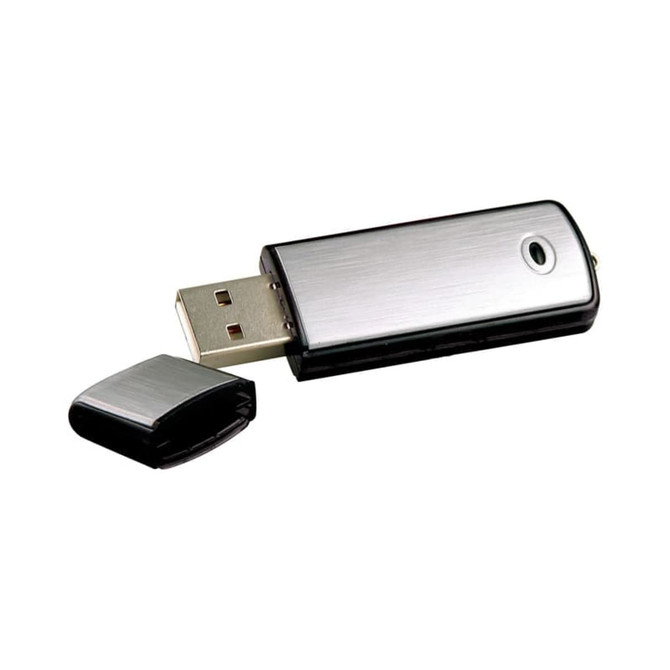 A metallic silver and black USB flash drive with a removable cap. It features a logo on the body.