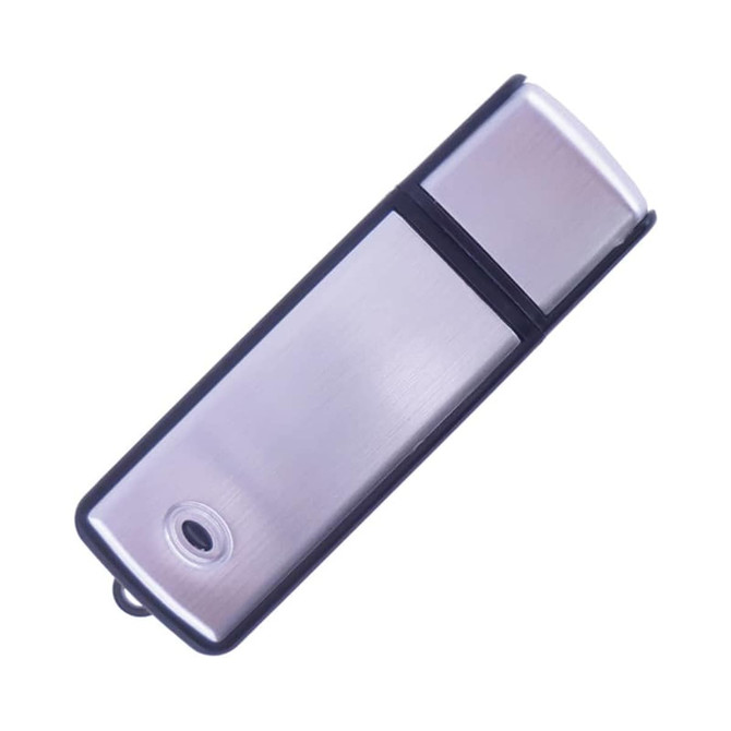 A sleek silver flash drive with a black casing and a small loop attachment for convenience.
