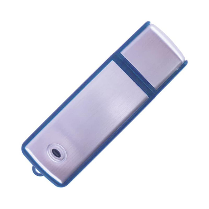 A silver and blue flash drive with a sleek design and a small hole for attachment. It features a logo on the front.