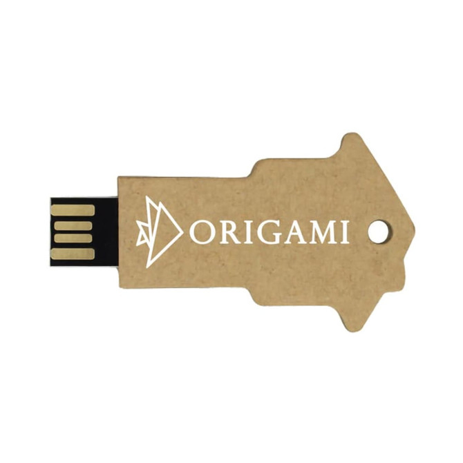 A eco-friendly flash drive in the shape of a key, featuring a natural brown design and a logo.