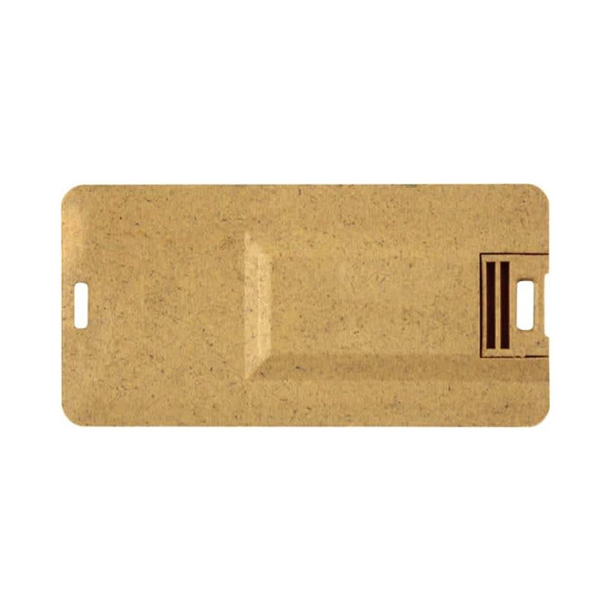 A slim, eco-friendly flash drive in a natural beige hue, featuring a logo and a textured finish.