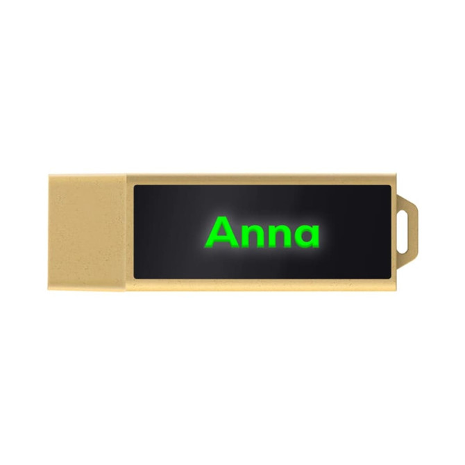 A gold eco-friendly LED flash drive with a black display area featuring the name "Anna" and a logo.