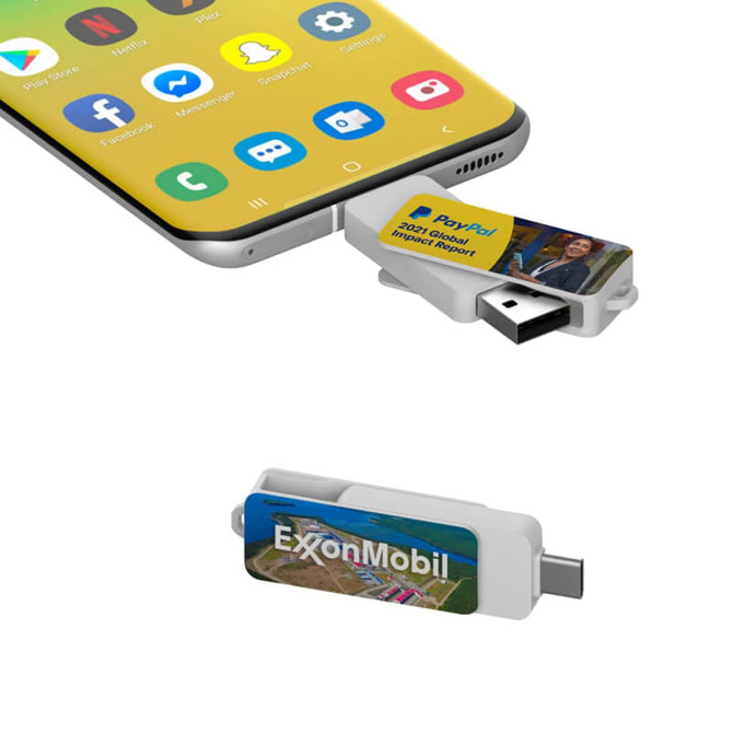 A Twister Type-C Flash Drive in white, inserted into a yellow smartphone, with branding visible on both sides of the drive.