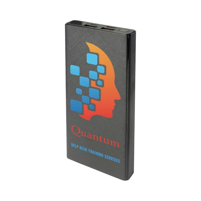 A sleek black power bank with a design featuring a profile silhouette and logo, offering 10,000 mAh capacity.