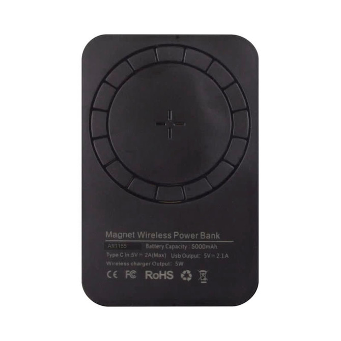 A black magnetic wireless power bank with a textured circular design and a battery capacity of 5000 mAh, featuring a logo.
