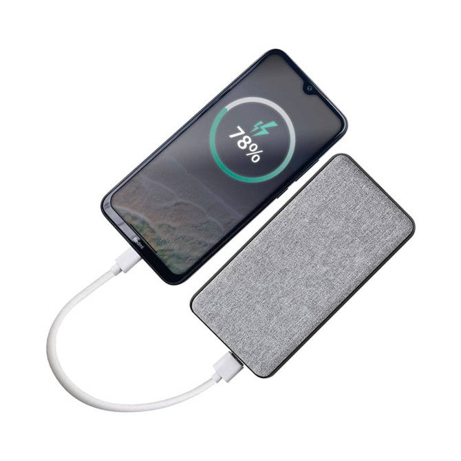 A grey power bank connected to a smartphone, displaying a charging status of 78%.