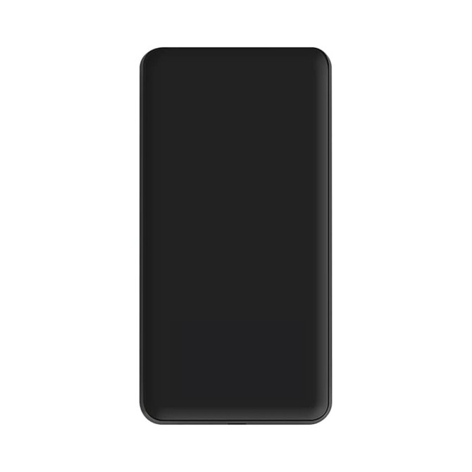 A black power bank with a sleek design, featuring a logo on the surface.