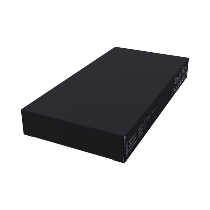 A black power bank with rounded edges, featuring a logo and labelled specifications on one side.