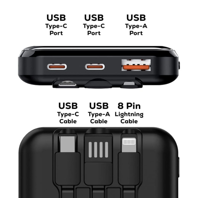 A black power bank with USB Type-C and Type-A ports, and an 8 Pin Lightning cable. It features a logo.