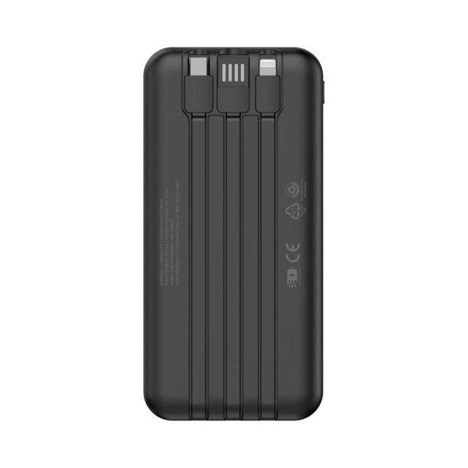 A black wireless power bank with three connectors and a compact design, showcasing multiple charging options.