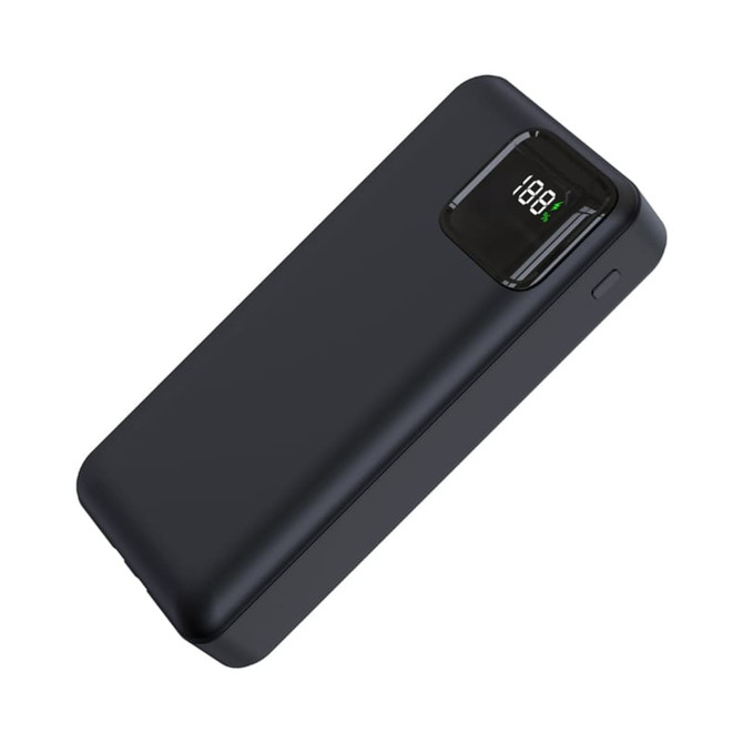 A black power bank with a digital display, featuring a sleek design and rounded edges.